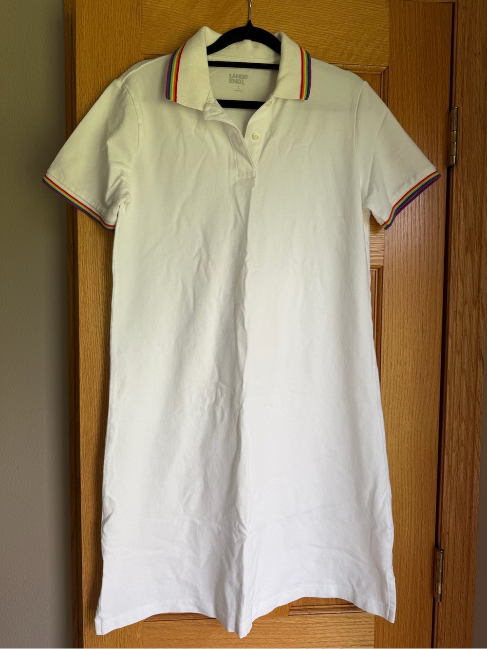 Lands End White Polo Dress Rainbow Trim Size Small Cotton Mesh Mini